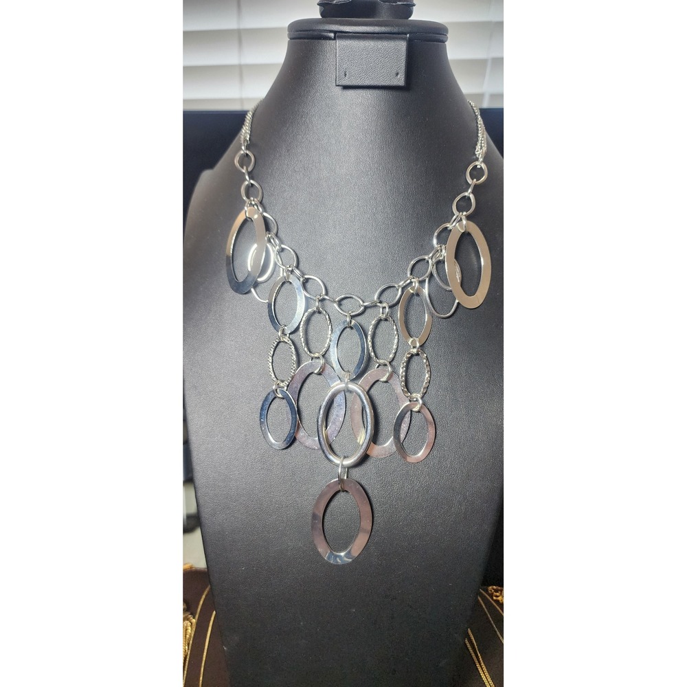 Silver Tone Oval Link Statement Bib Necklace Geometric Tiered‎ Draped Chain